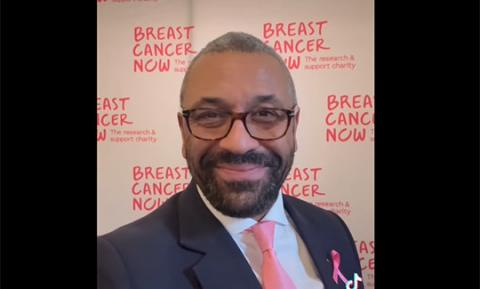 James Cleverly wears pink to support Breast Cancer Now’s awareness campaign.